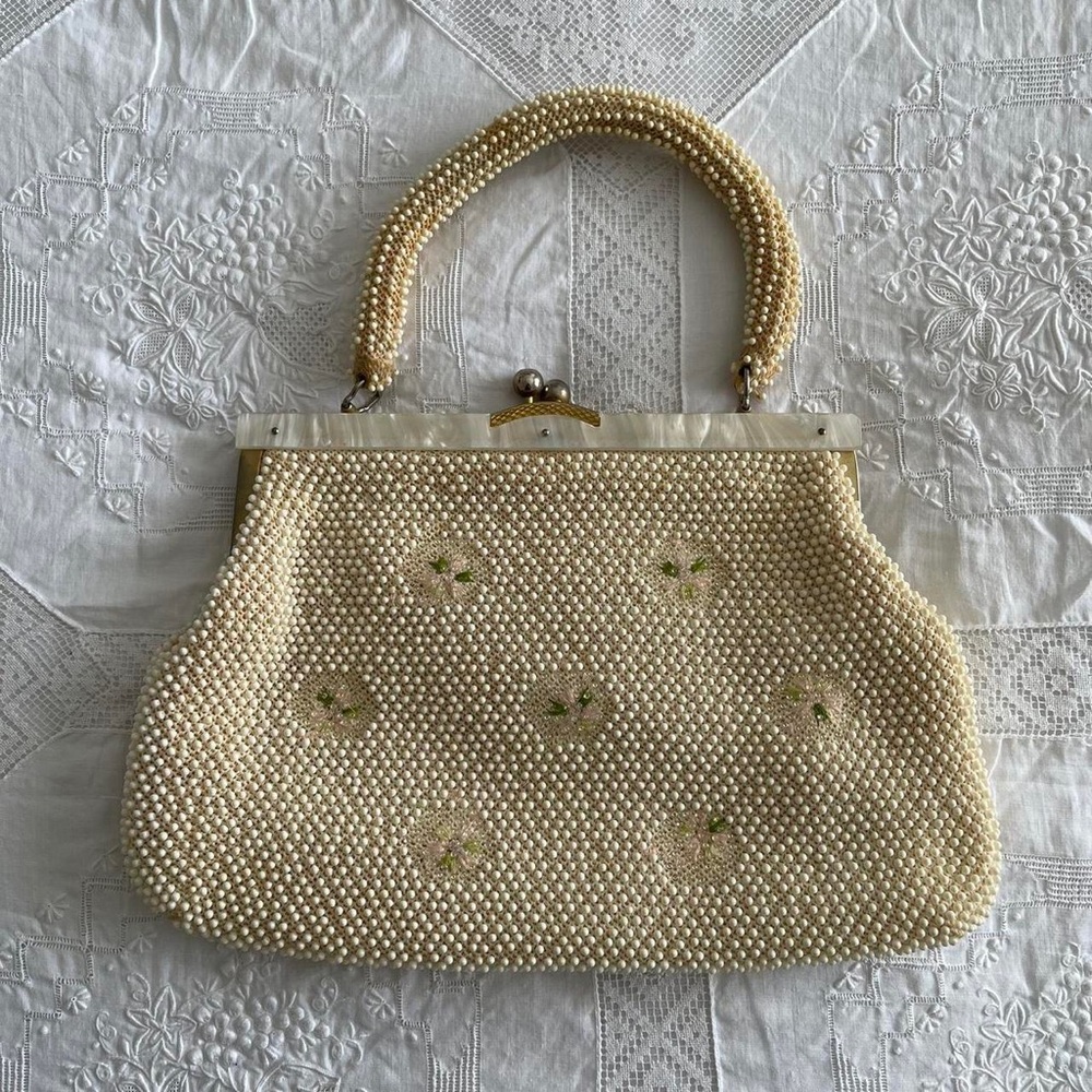 Vintage 50s Corde Bead Handbag with floral embroidery